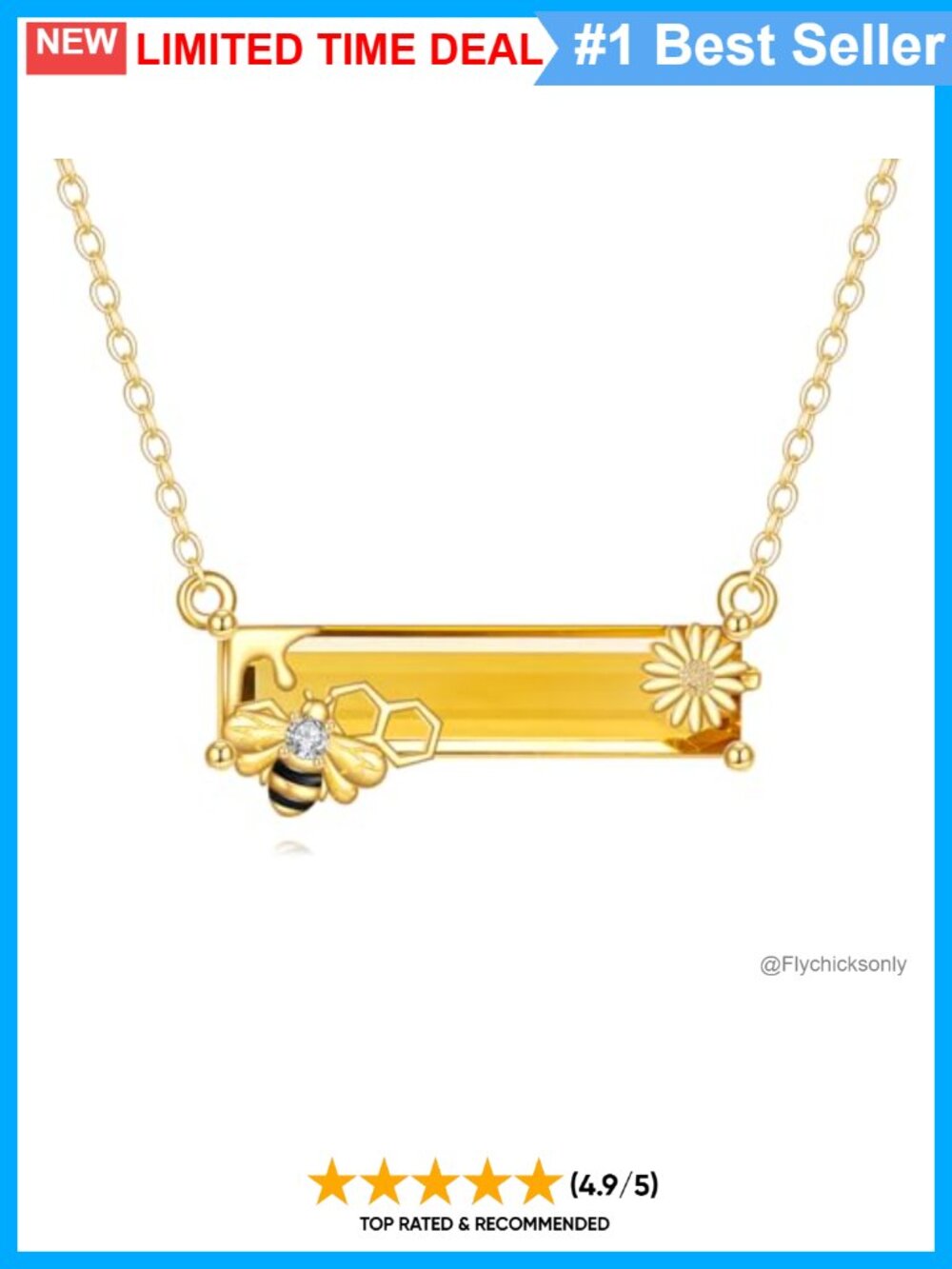 14K Solid Gold Bee Sunflower Necklace with Topaz Pendant